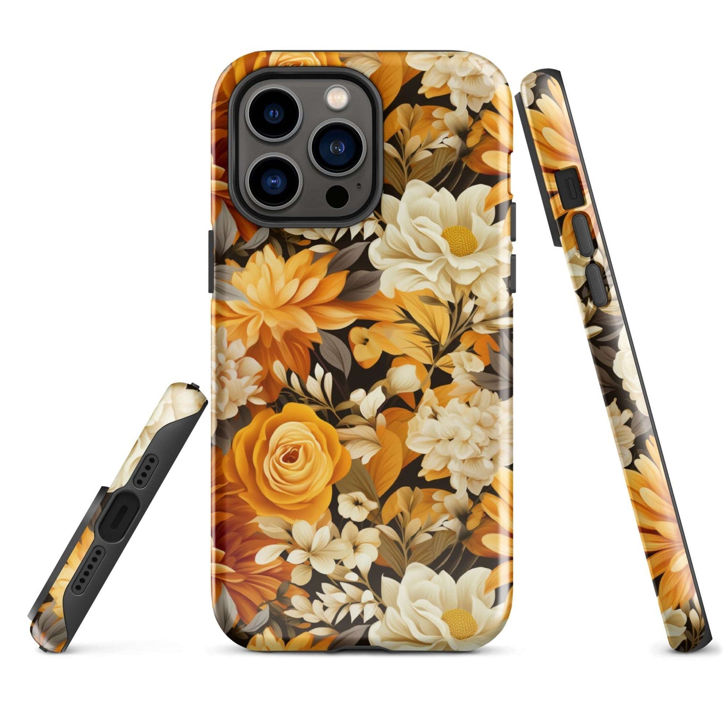 Autumnal Romance - Golden and White Blossoms on Black - iPhone Case - Pattern Symphony