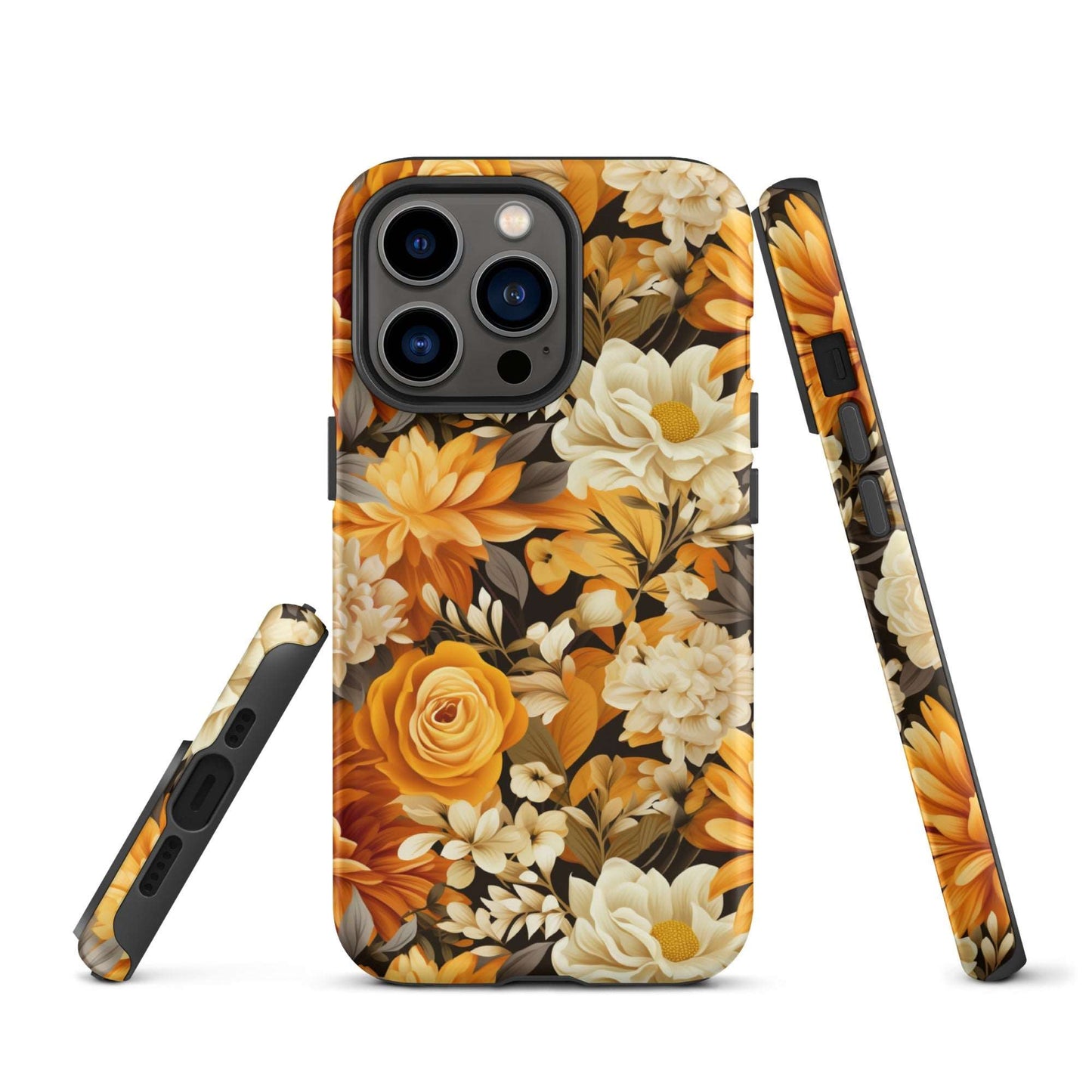 Autumnal Romance - Golden and White Blossoms on Black - iPhone Case - Pattern Symphony