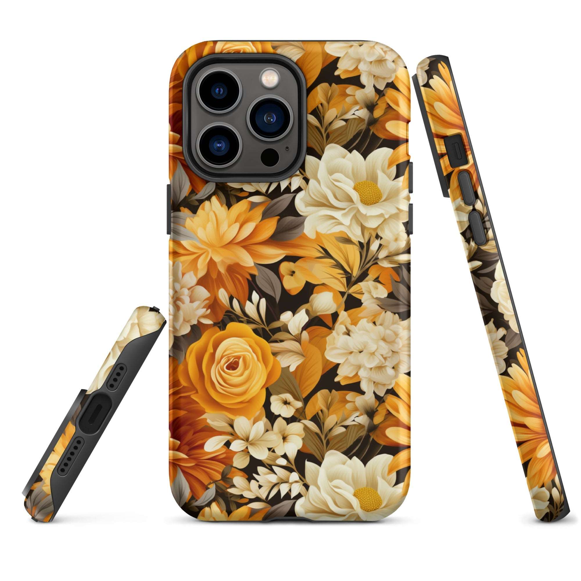 Autumnal Romance - Golden and White Blossoms on Black - iPhone Case - Pattern Symphony