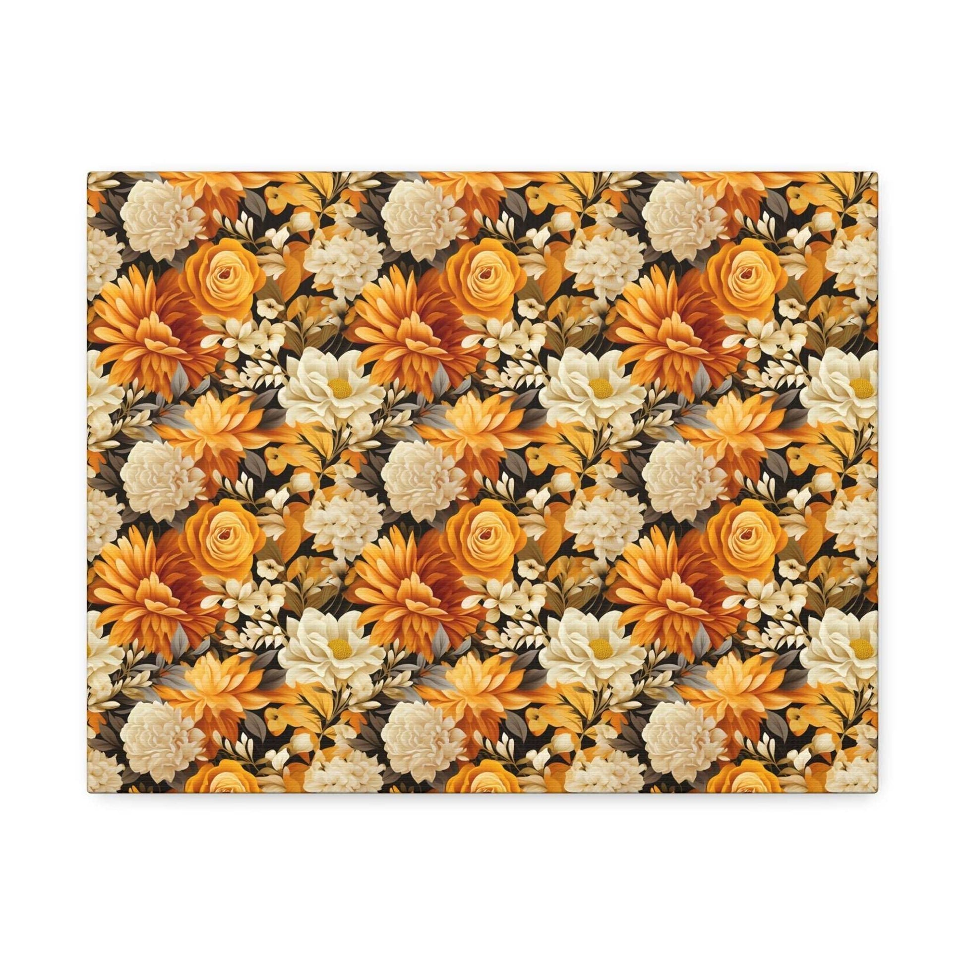 Autumnal Romance: Golden and White Blossoms on Black - Satin Canvas, Stretched - Pattern Symphony