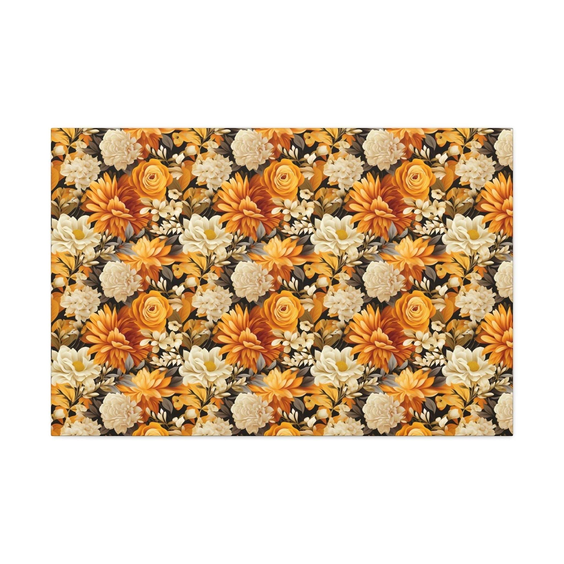 Autumnal Romance: Golden and White Blossoms on Black - Satin Canvas, Stretched - Pattern Symphony