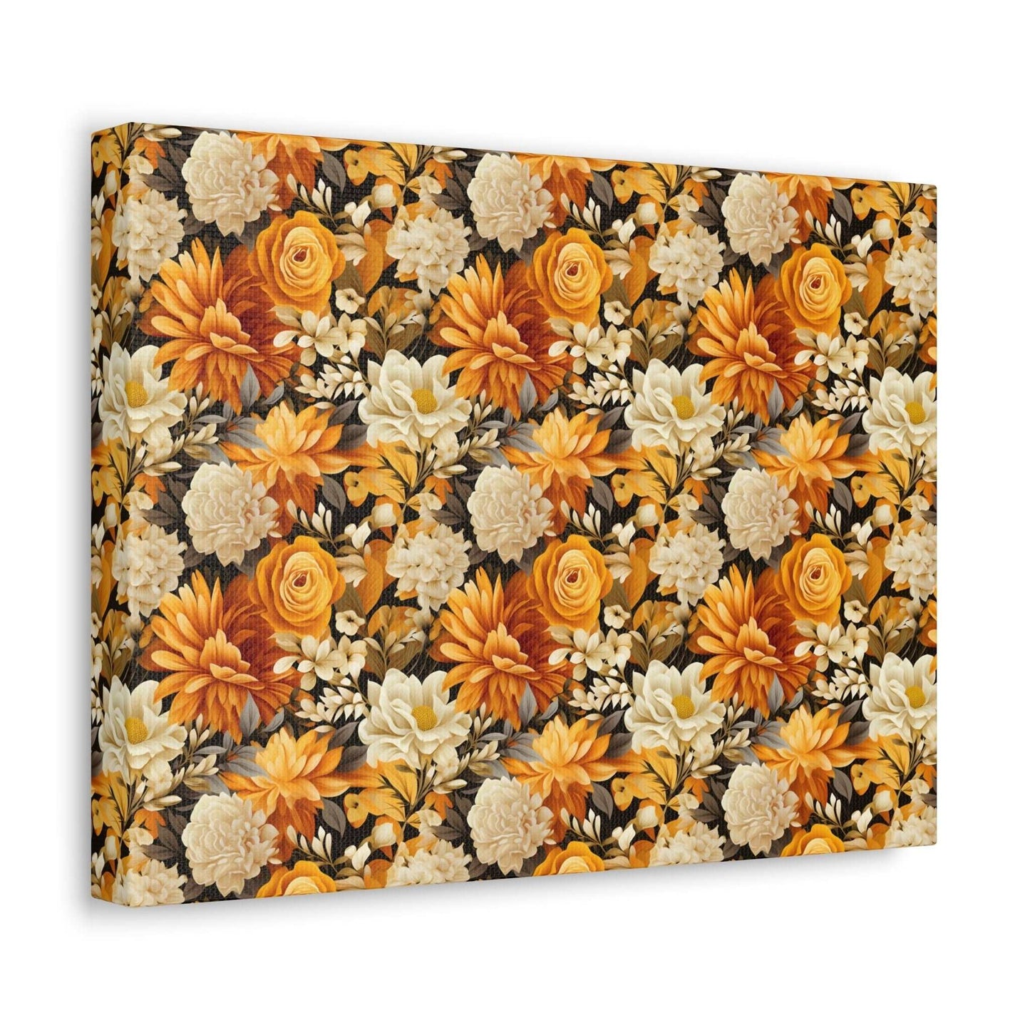 Autumnal Romance: Golden and White Blossoms on Black - Satin Canvas, Stretched - Pattern Symphony