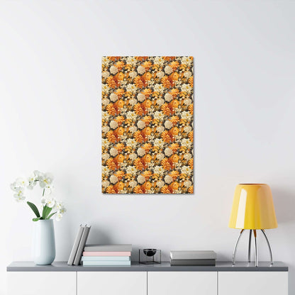 Autumnal Romance: Golden and White Blossoms on Black - Satin Canvas, Stretched - Pattern Symphony