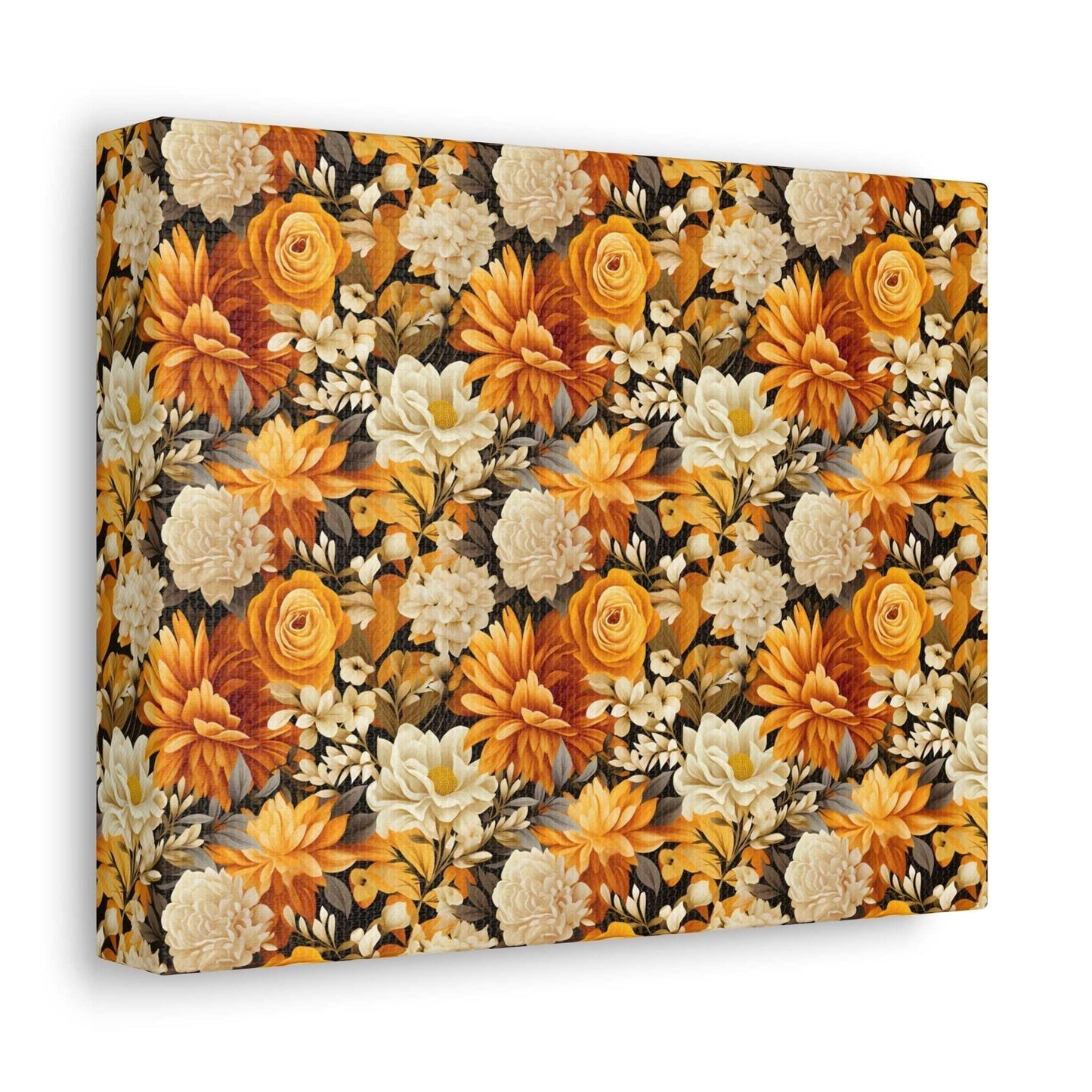 Autumnal Romance: Golden and White Blossoms on Black - Satin Canvas, Stretched - Pattern Symphony