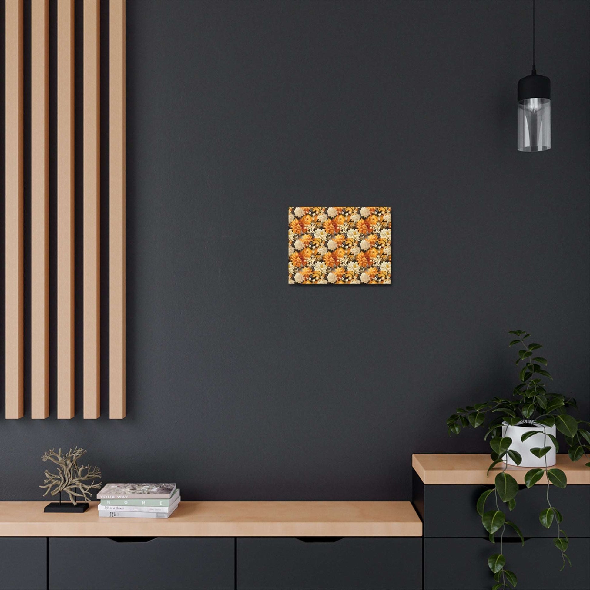 Autumnal Romance: Golden and White Blossoms on Black - Satin Canvas, Stretched - Pattern Symphony