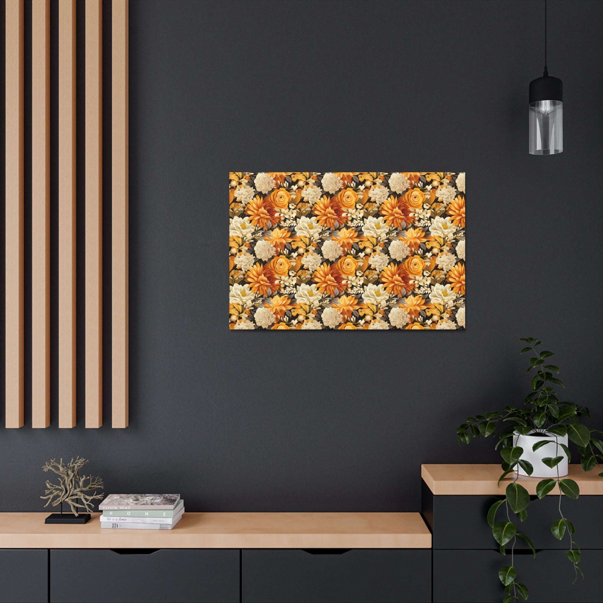 Autumnal Romance: Golden and White Blossoms on Black - Satin Canvas, Stretched - Pattern Symphony