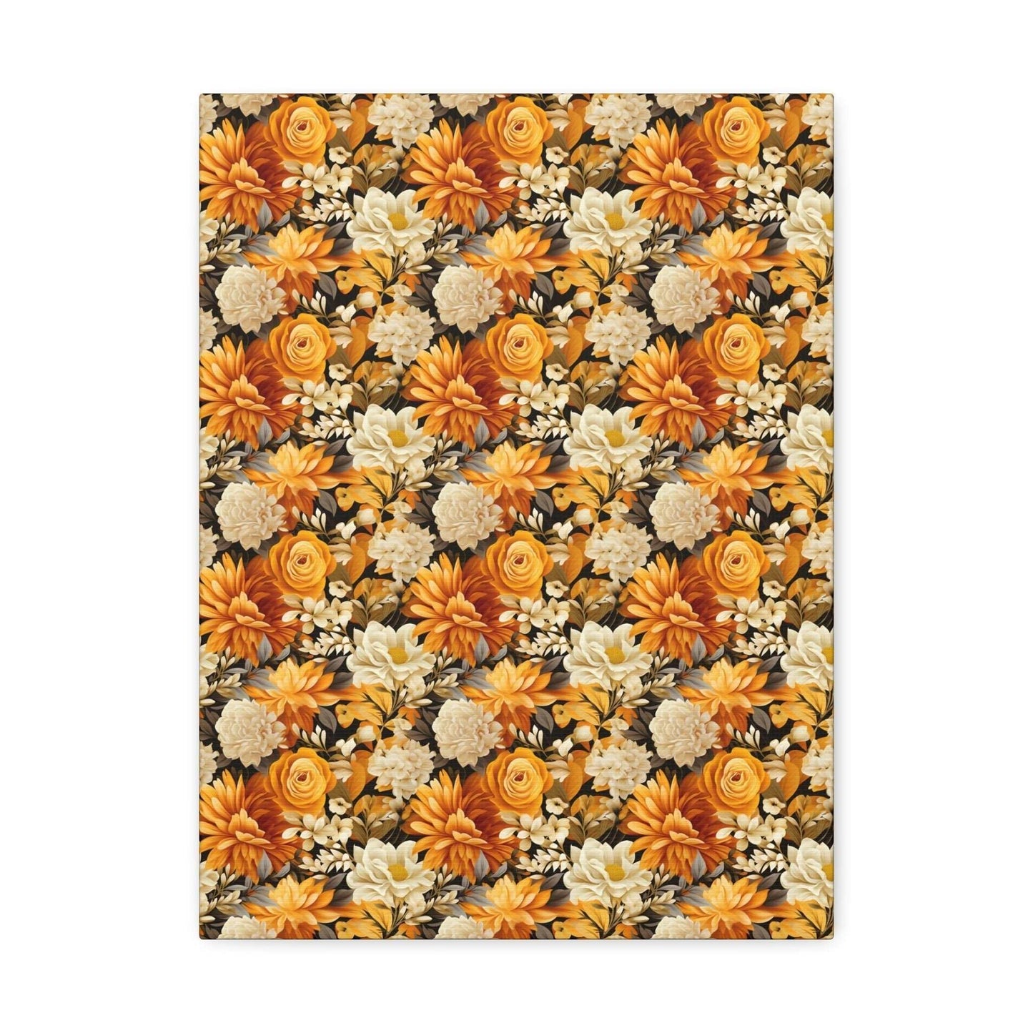 Autumnal Romance: Golden and White Blossoms on Black - Satin Canvas, Stretched - Pattern Symphony