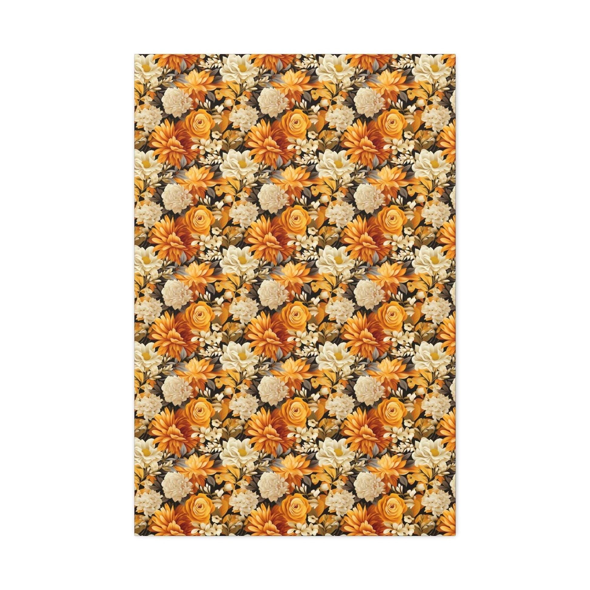 Autumnal Romance: Golden and White Blossoms on Black - Satin Canvas, Stretched - Pattern Symphony