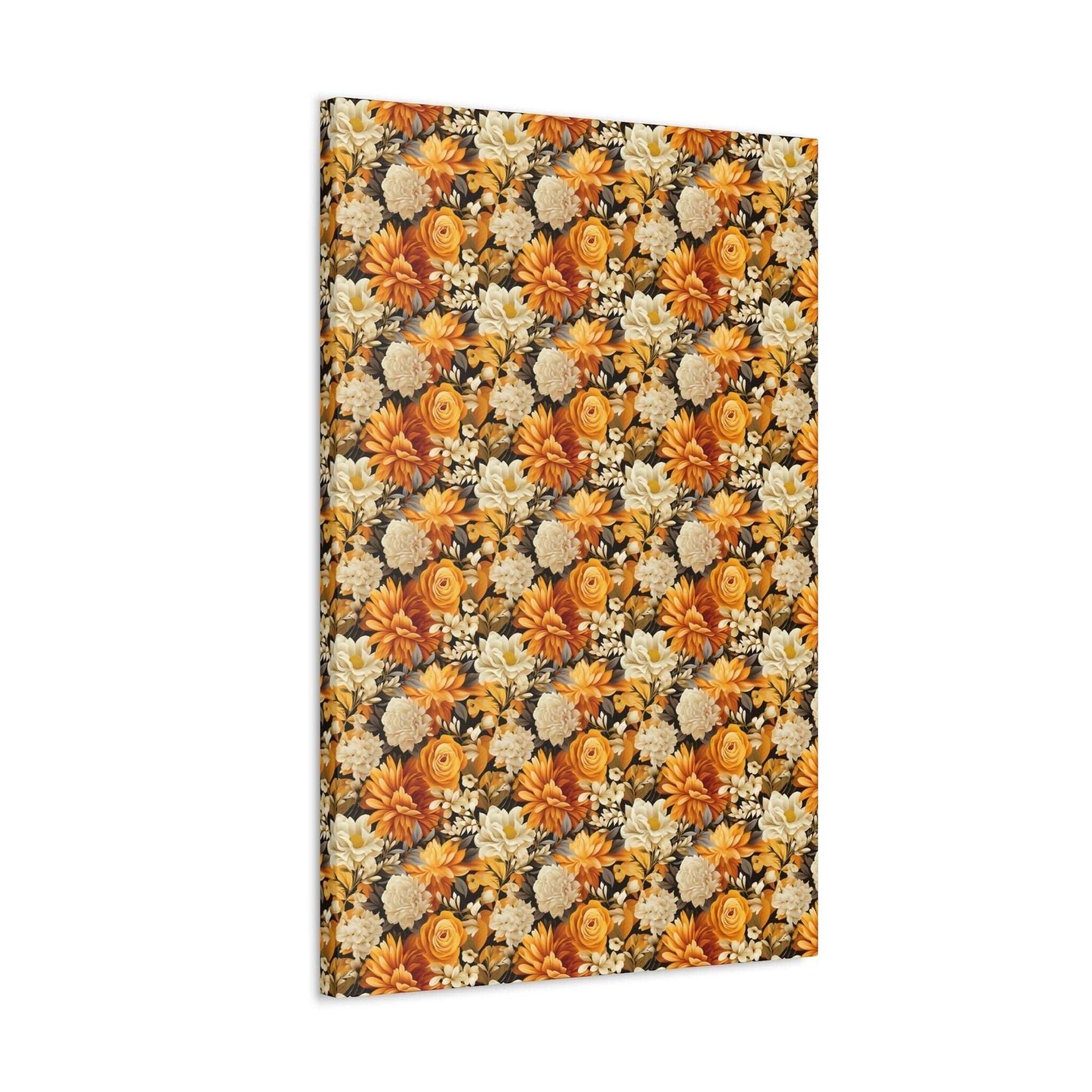 Autumnal Romance: Golden and White Blossoms on Black - Satin Canvas, Stretched - Pattern Symphony