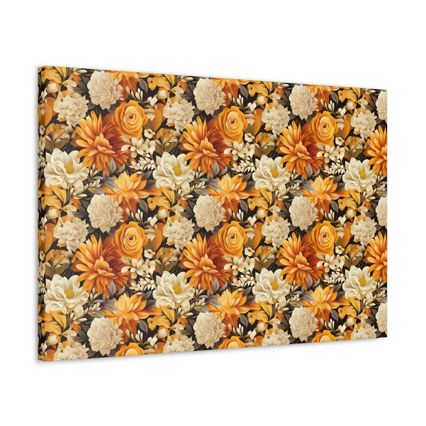 Autumnal Romance: Golden and White Blossoms on Black - Satin Canvas, Stretched - Pattern Symphony