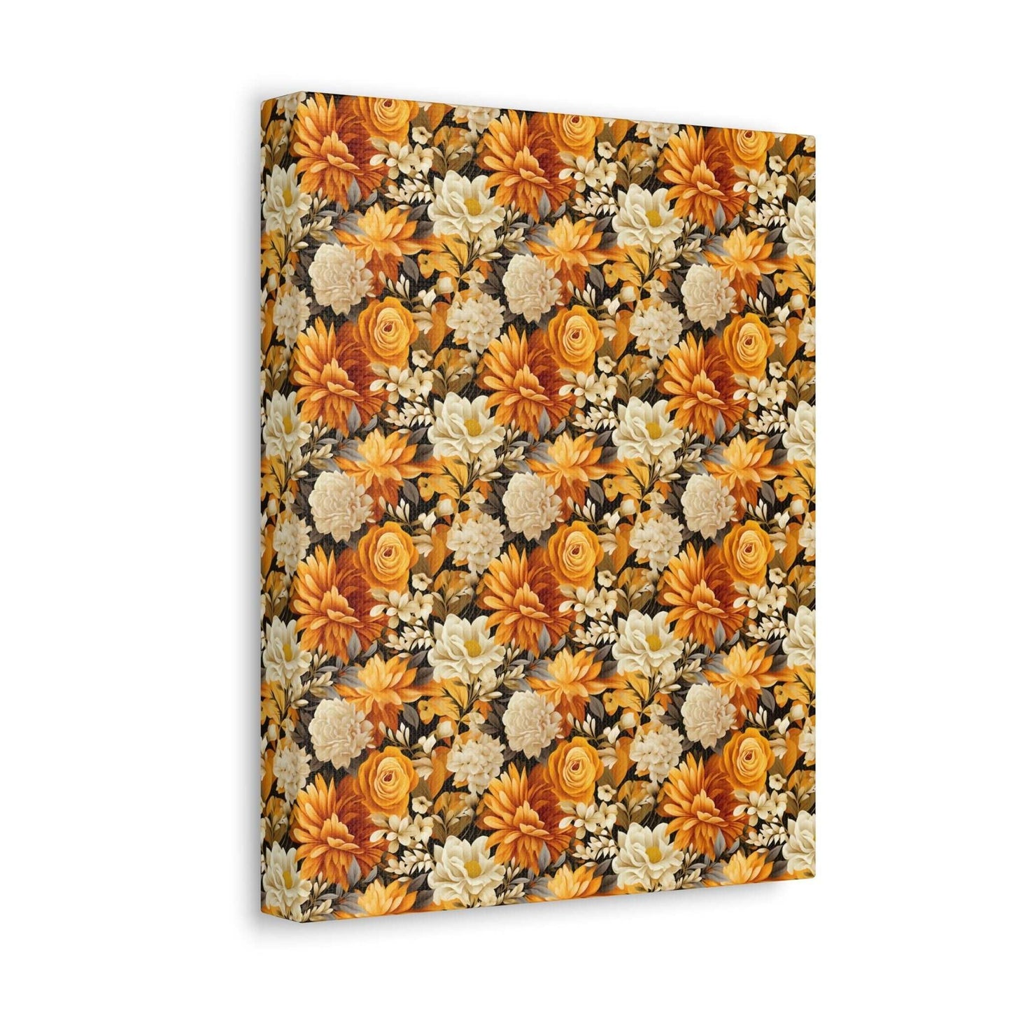 Autumnal Romance: Golden and White Blossoms on Black - Satin Canvas, Stretched - Pattern Symphony