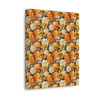 Autumnal Romance: Golden and White Blossoms on Black - Satin Canvas, Stretched - Pattern Symphony