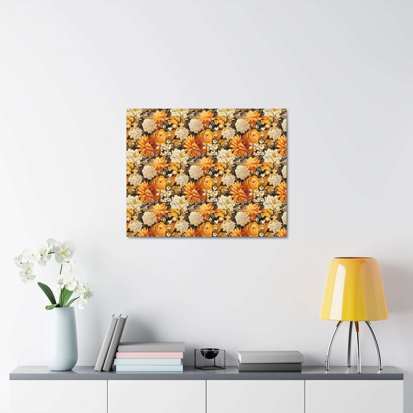 Autumnal Romance: Golden and White Blossoms on Black - Satin Canvas, Stretched - Pattern Symphony