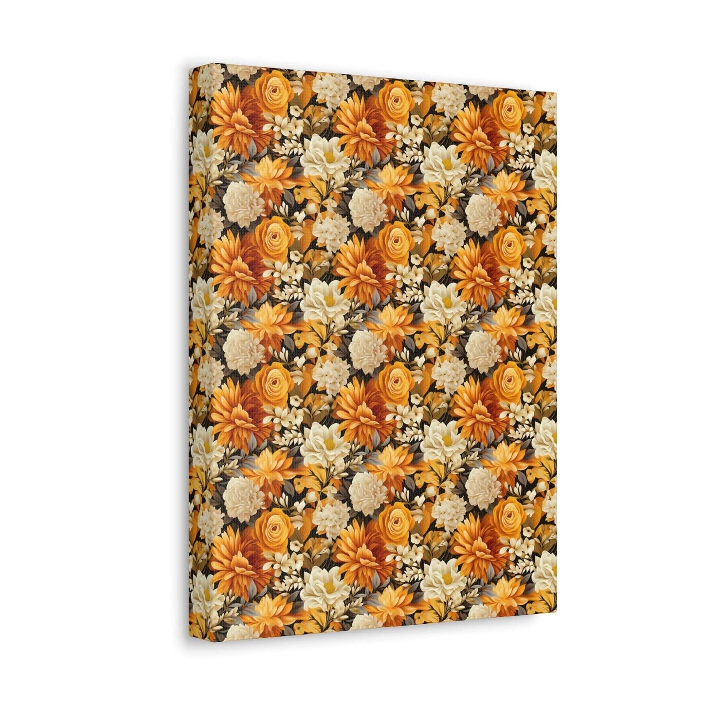 Autumnal Romance: Golden and White Blossoms on Black - Satin Canvas, Stretched - Pattern Symphony