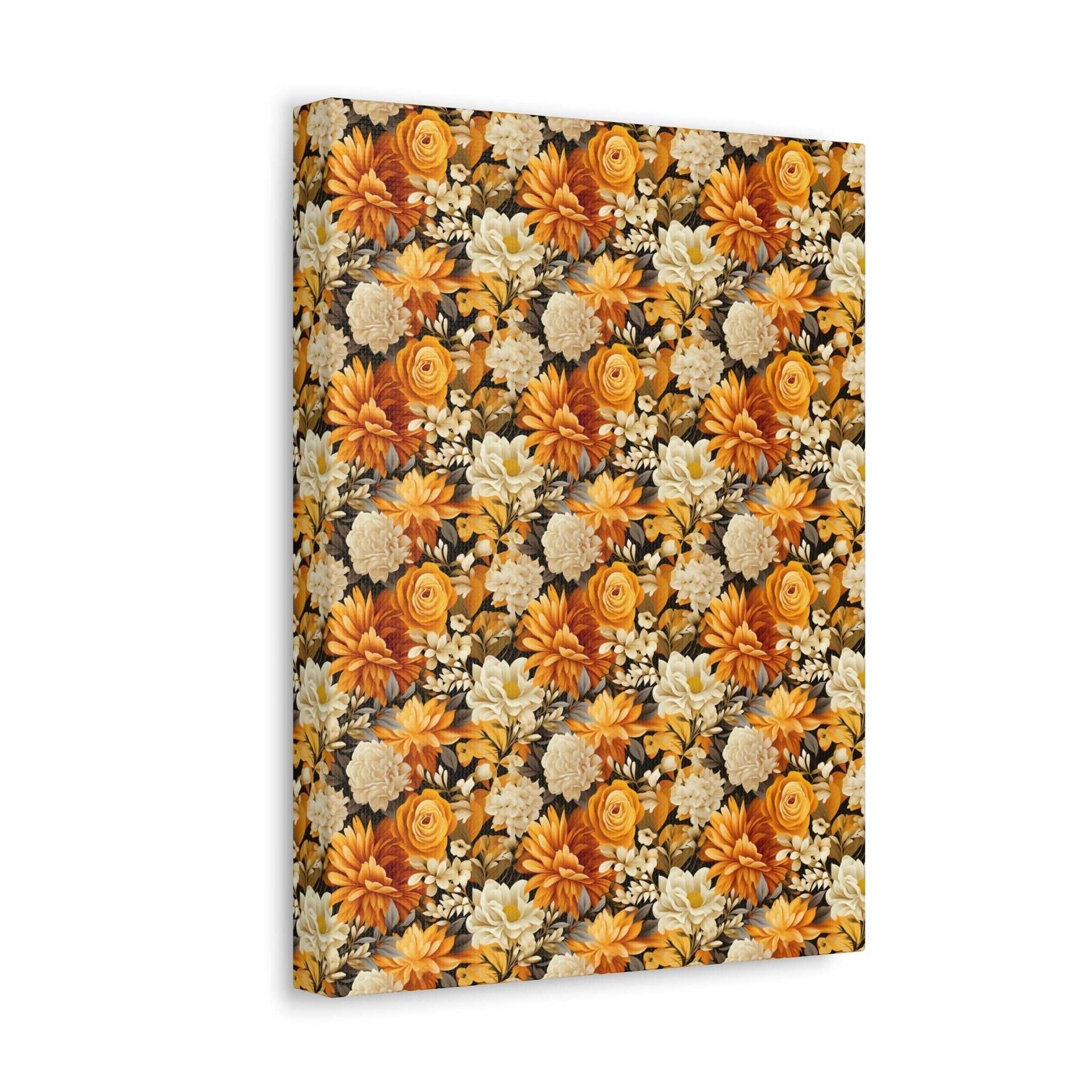 Autumnal Romance: Golden and White Blossoms on Black - Satin Canvas, Stretched - Pattern Symphony