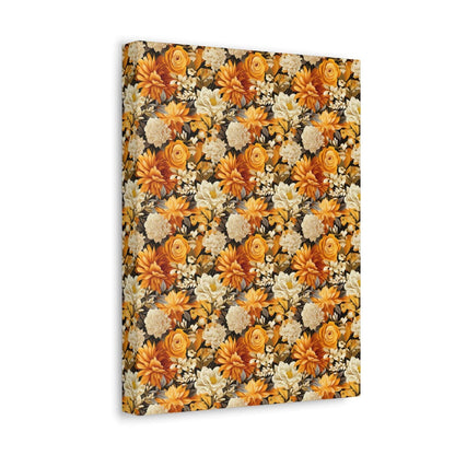 Autumnal Romance: Golden and White Blossoms on Black - Satin Canvas, Stretched - Pattern Symphony