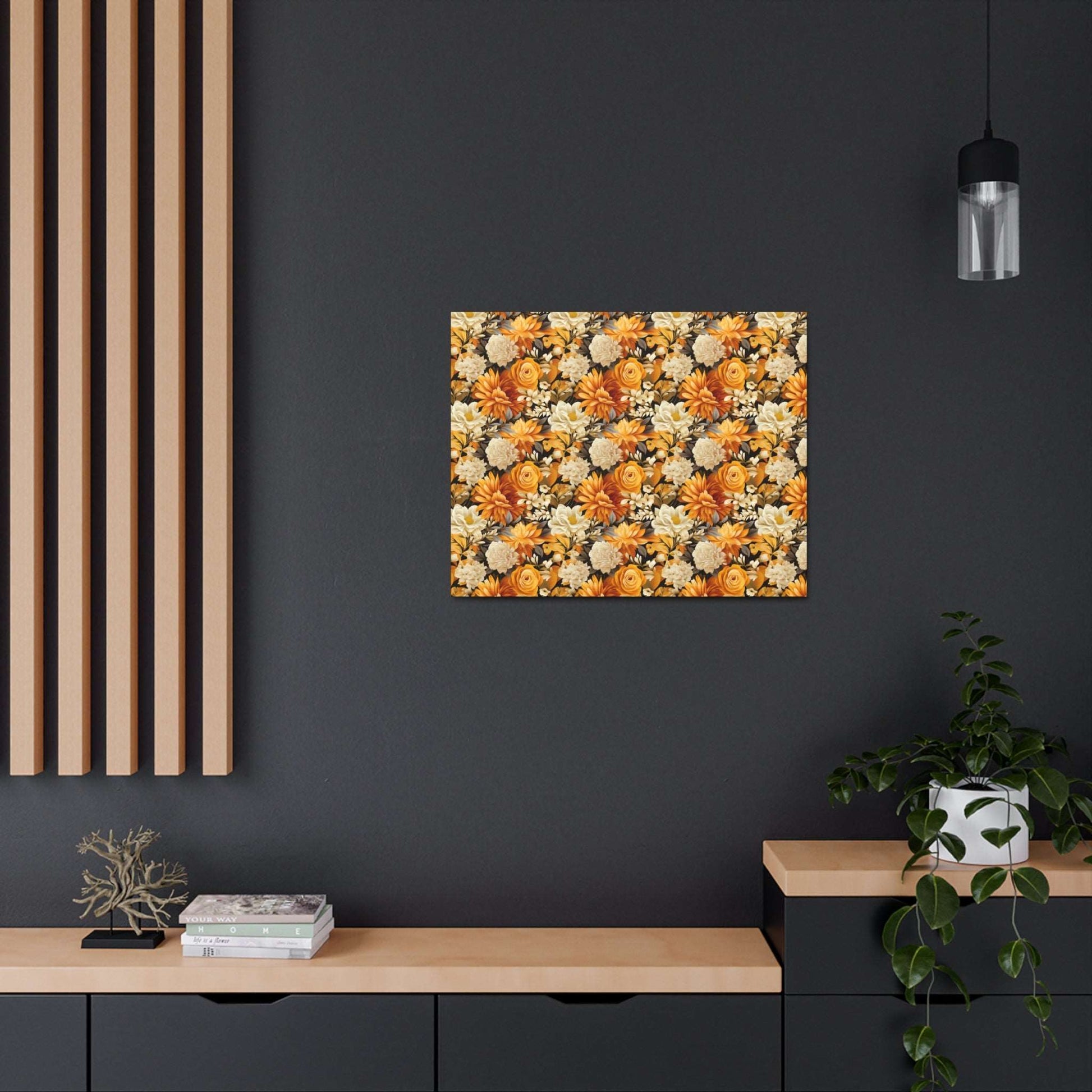 Autumnal Romance: Golden and White Blossoms on Black - Satin Canvas, Stretched - Pattern Symphony