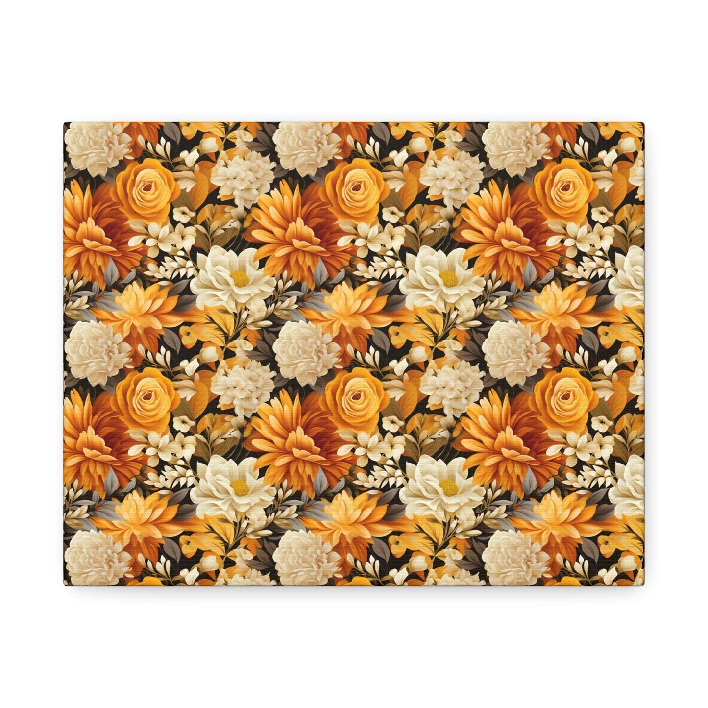 Autumnal Romance: Golden and White Blossoms on Black - Satin Canvas, Stretched - Pattern Symphony