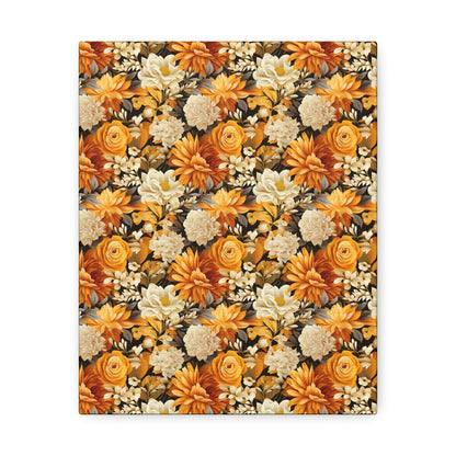 Autumnal Romance: Golden and White Blossoms on Black - Satin Canvas, Stretched - Pattern Symphony