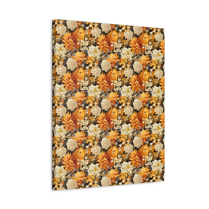 Autumnal Romance: Golden and White Blossoms on Black - Satin Canvas, Stretched - Pattern Symphony