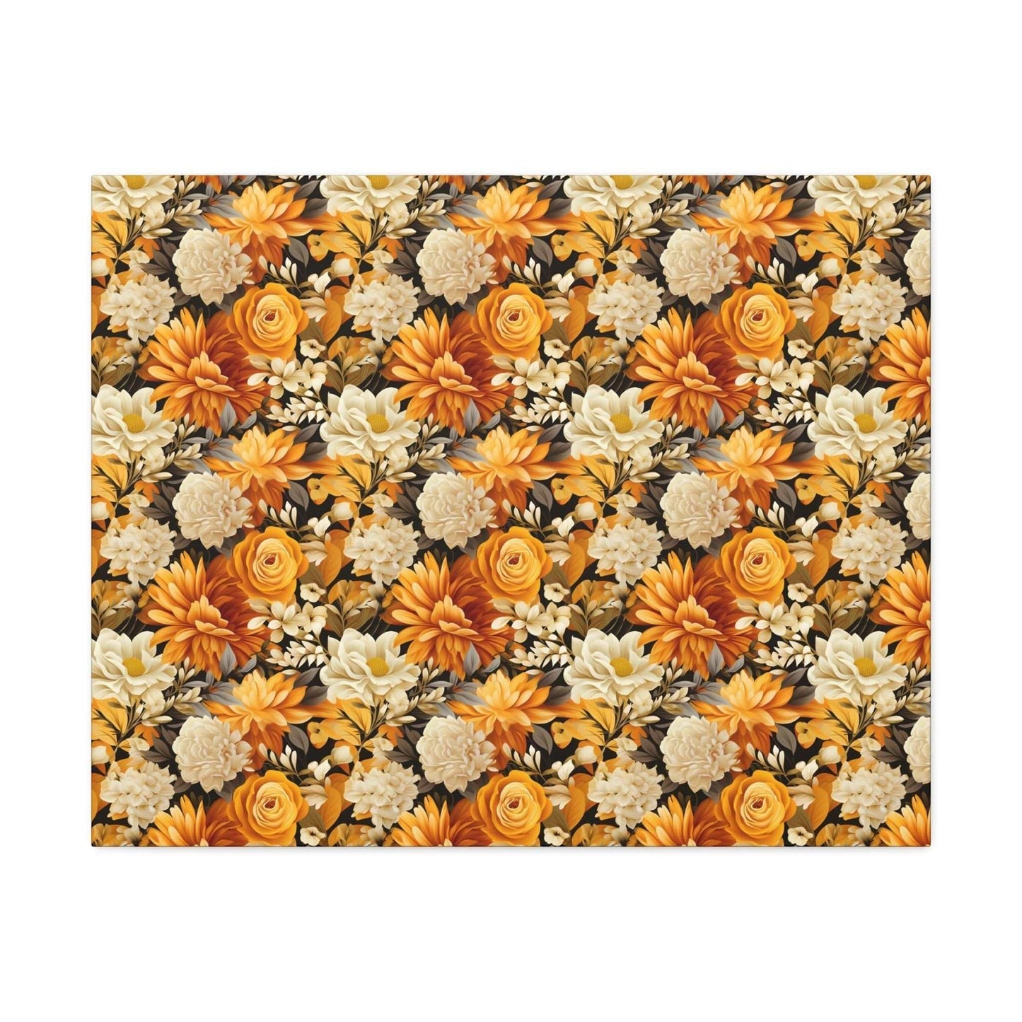 Autumnal Romance: Golden and White Blossoms on Black - Satin Canvas, Stretched - Pattern Symphony