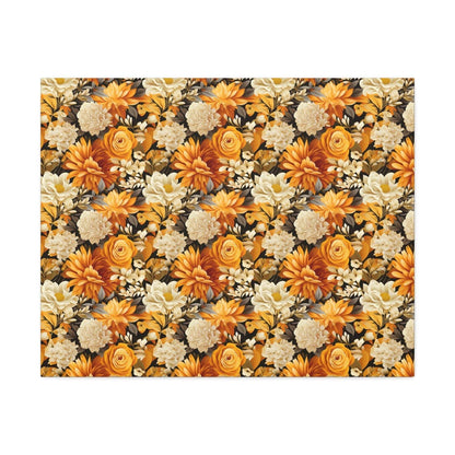 Autumnal Romance: Golden and White Blossoms on Black - Satin Canvas, Stretched - Pattern Symphony