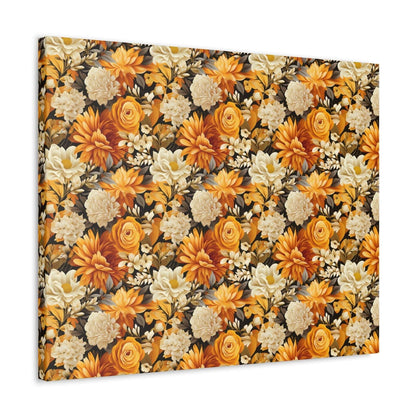 Autumnal Romance: Golden and White Blossoms on Black - Satin Canvas, Stretched - Pattern Symphony