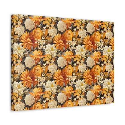 Autumnal Romance: Golden and White Blossoms on Black - Satin Canvas, Stretched - Pattern Symphony