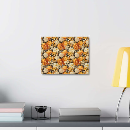 Autumnal Romance: Golden and White Blossoms on Black - Satin Canvas, Stretched - Pattern Symphony