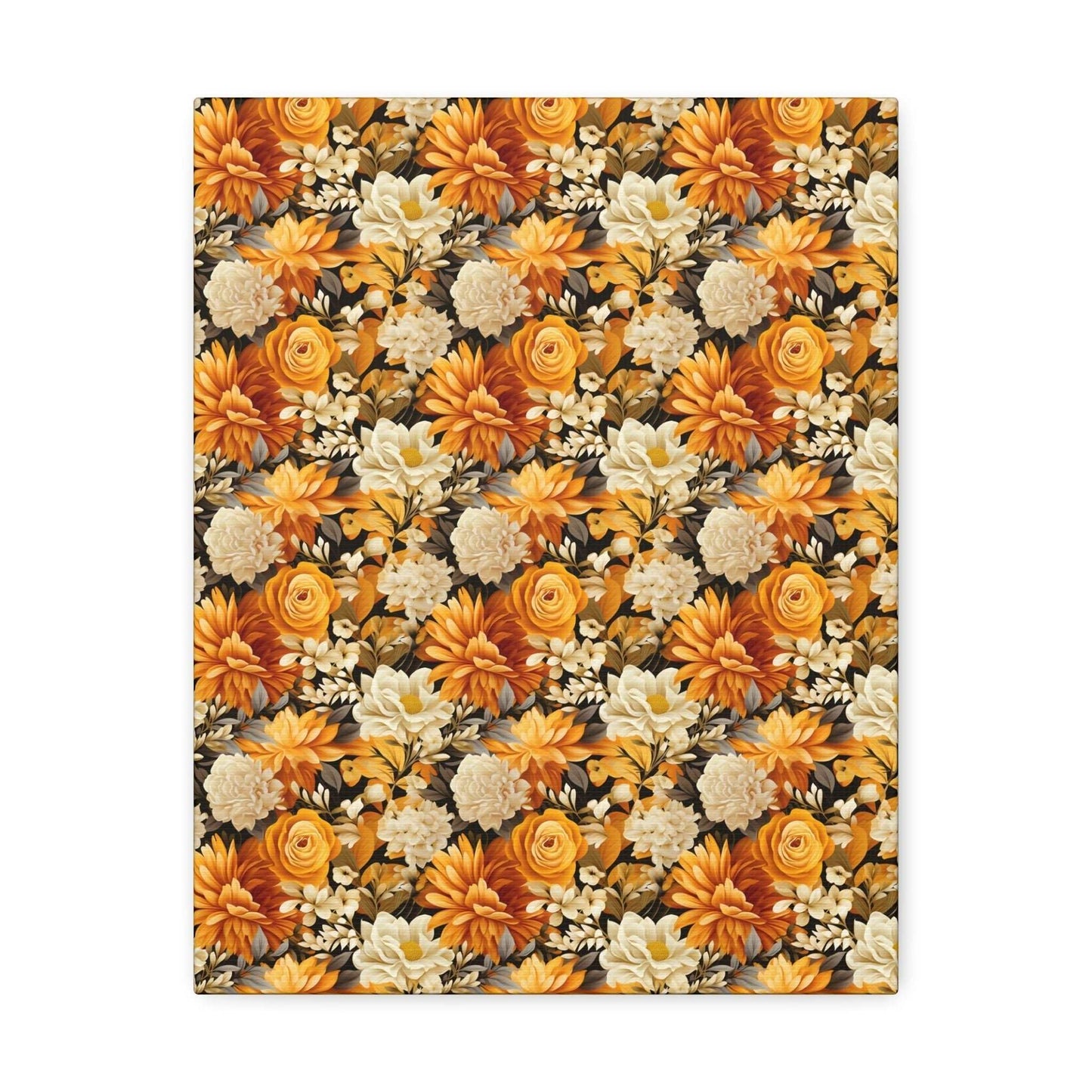 Autumnal Romance: Golden and White Blossoms on Black - Satin Canvas, Stretched - Pattern Symphony