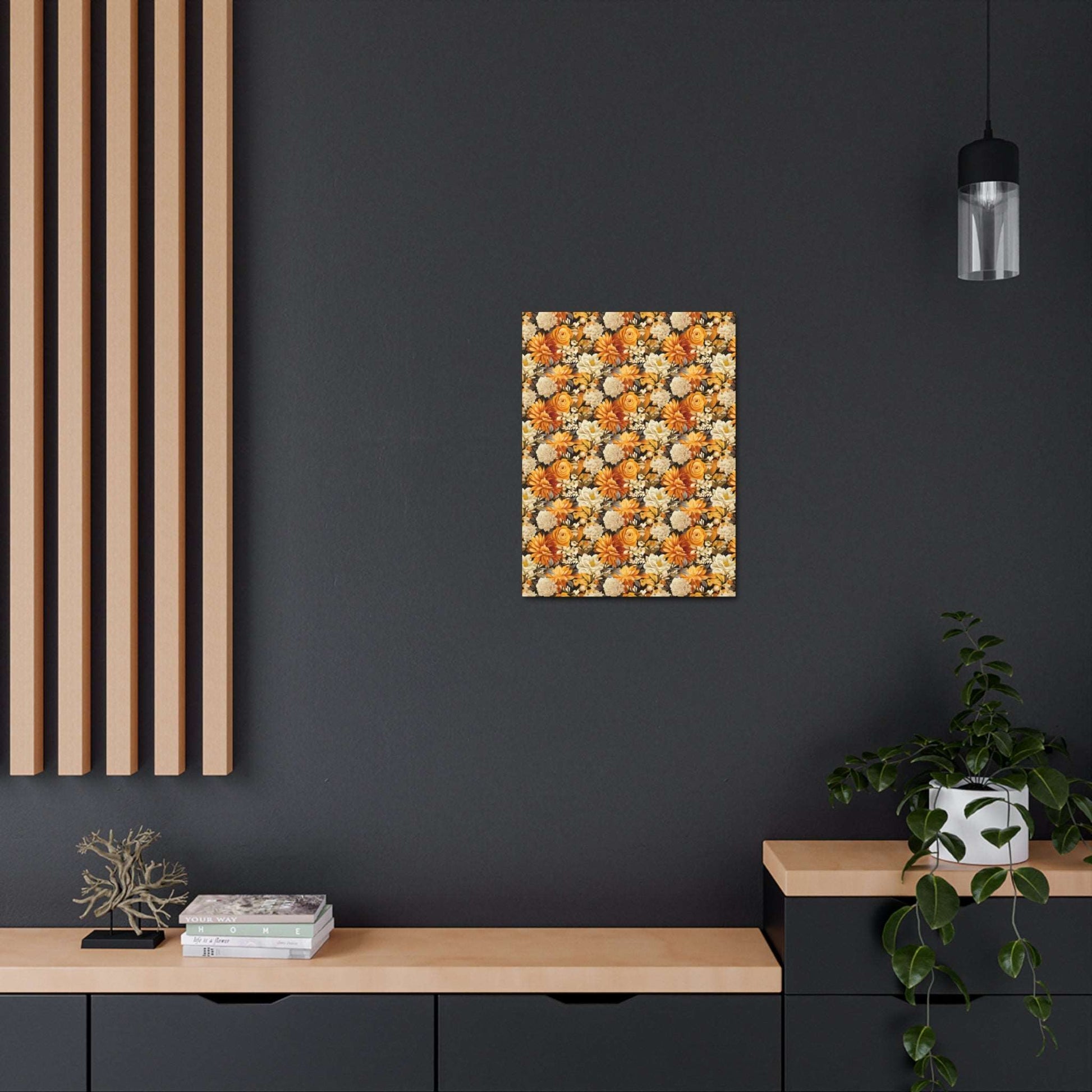 Autumnal Romance: Golden and White Blossoms on Black - Satin Canvas, Stretched - Pattern Symphony