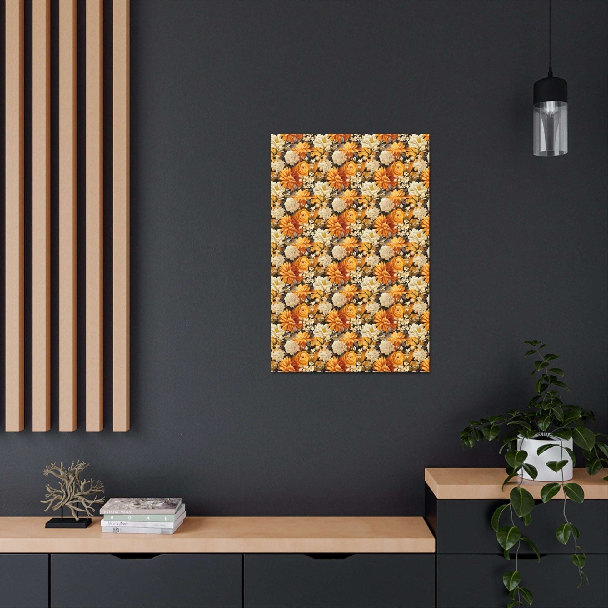 Autumnal Romance: Golden and White Blossoms on Black - Satin Canvas, Stretched - Pattern Symphony