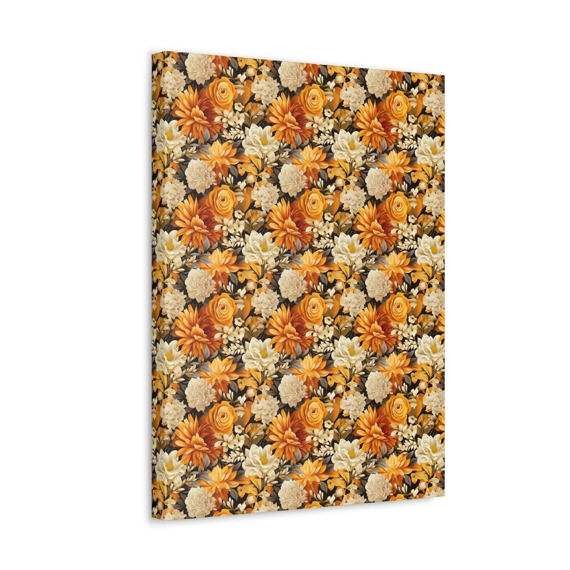 Autumnal Romance: Golden and White Blossoms on Black - Satin Canvas, Stretched - Pattern Symphony