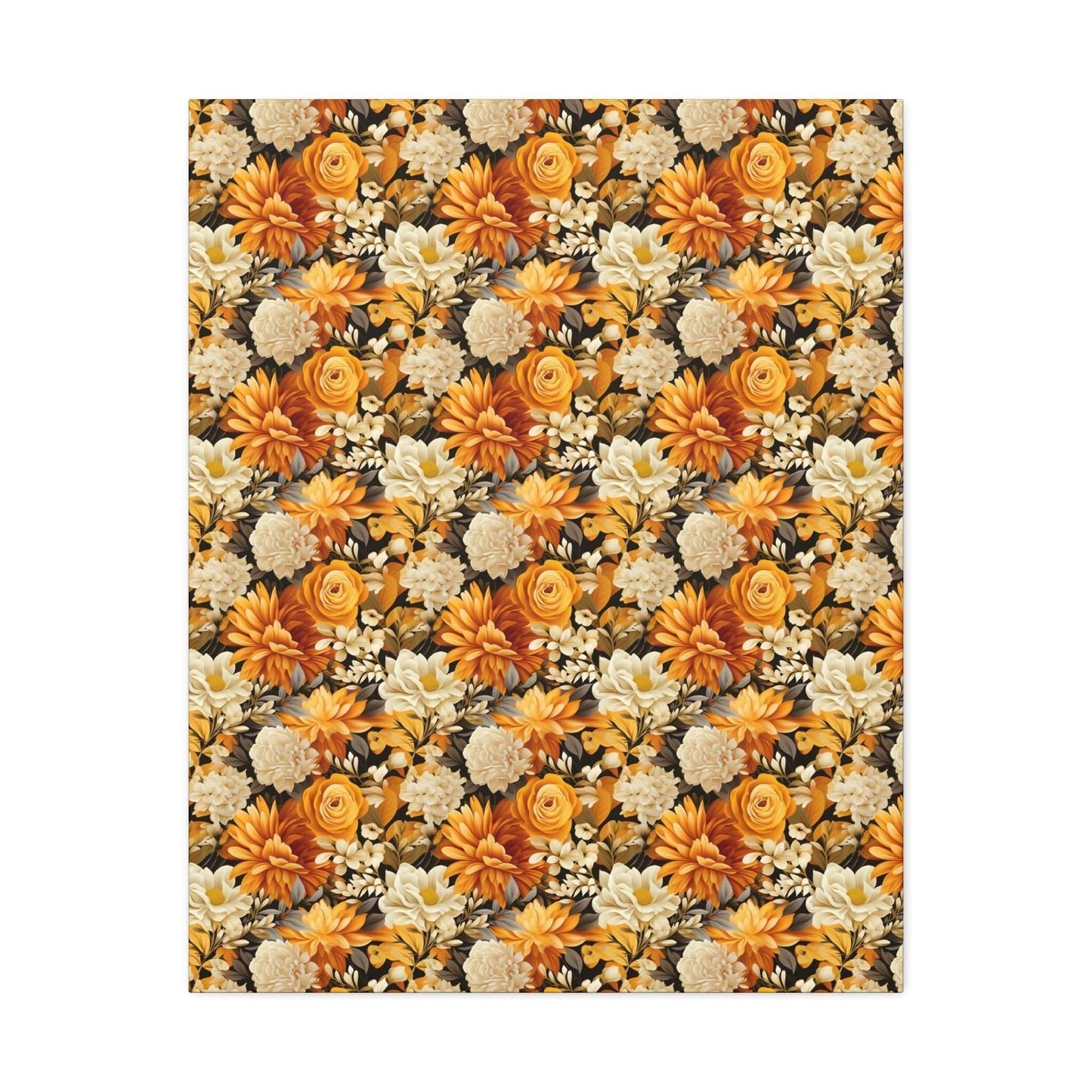 Autumnal Romance: Golden and White Blossoms on Black - Satin Canvas, Stretched - Pattern Symphony