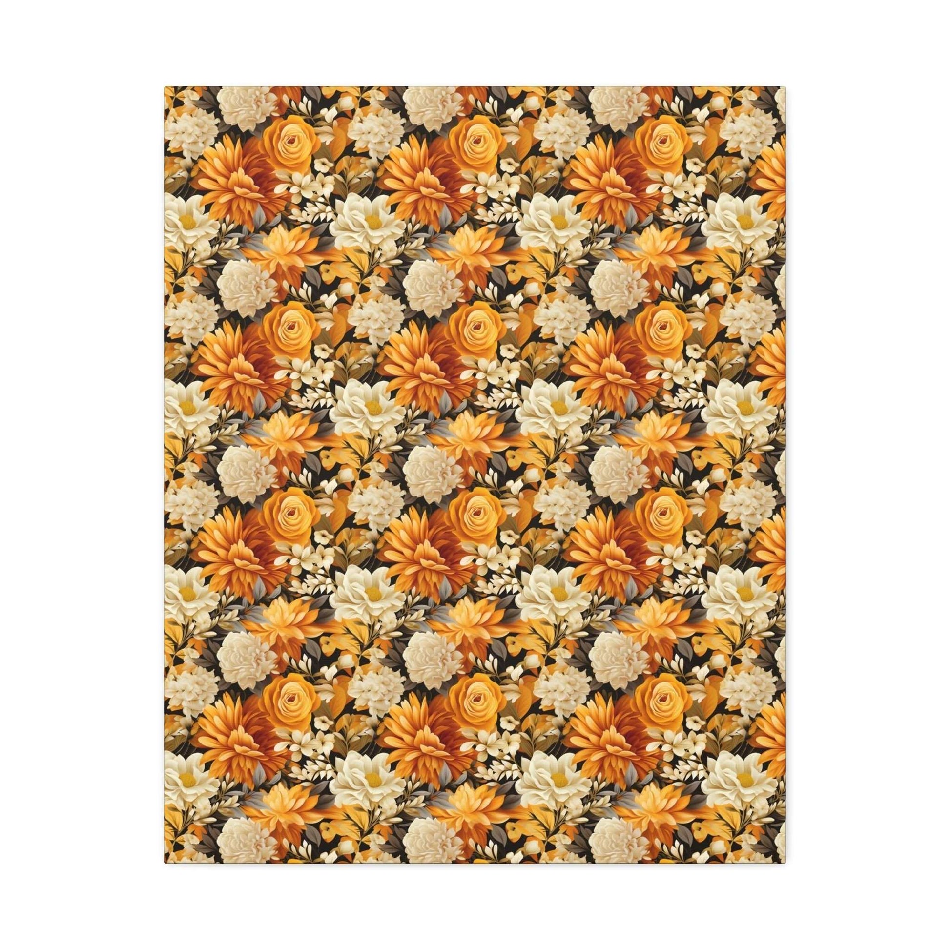 Autumnal Romance: Golden and White Blossoms on Black - Satin Canvas, Stretched - Pattern Symphony