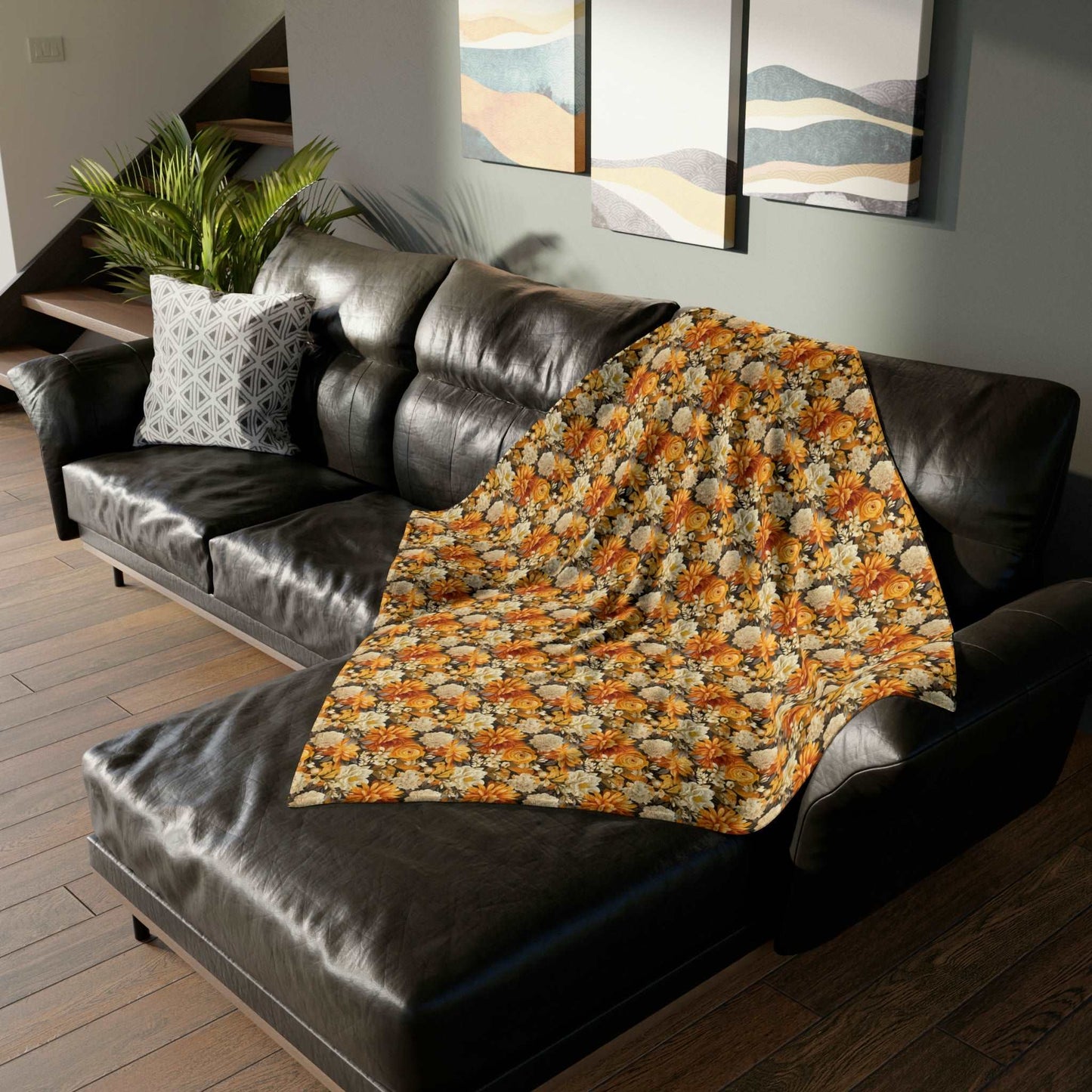 Autumnal Romance: Golden and White Blossoms on Black - The Ideal Throw for Sofas - Pattern Symphony