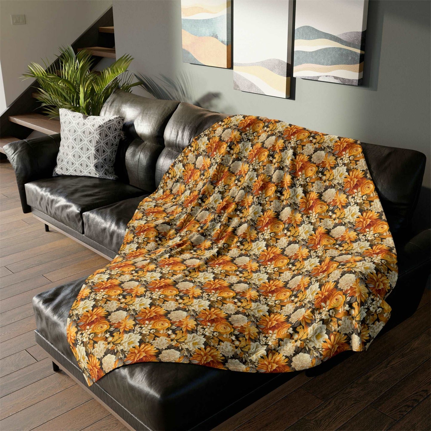 Autumnal Romance: Golden and White Blossoms on Black - The Ideal Throw for Sofas - Pattern Symphony