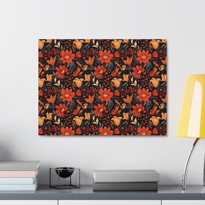 Autumn Blossom Noir: A Dark Floral Canvas - Satin Canvas, Stretched - Pattern Symphony