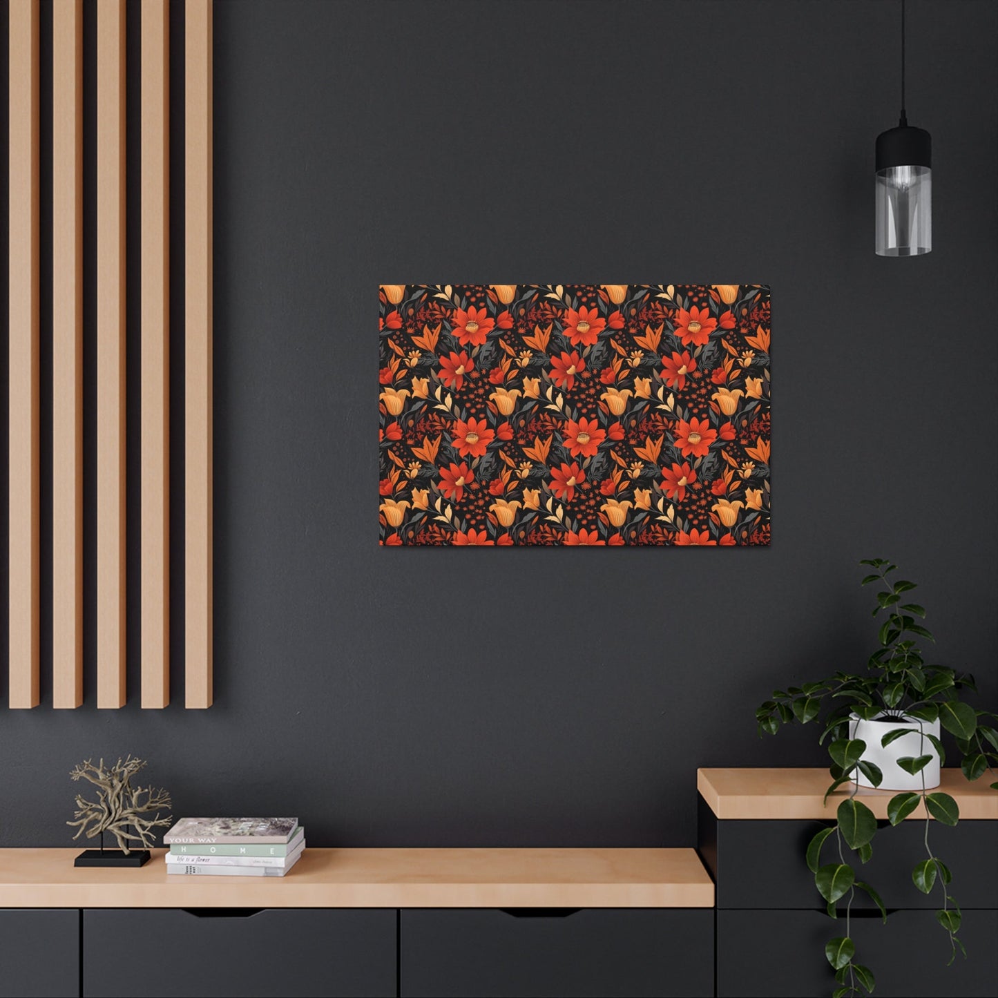 Autumn Blossom Noir: A Dark Floral Canvas - Satin Canvas, Stretched - Pattern Symphony