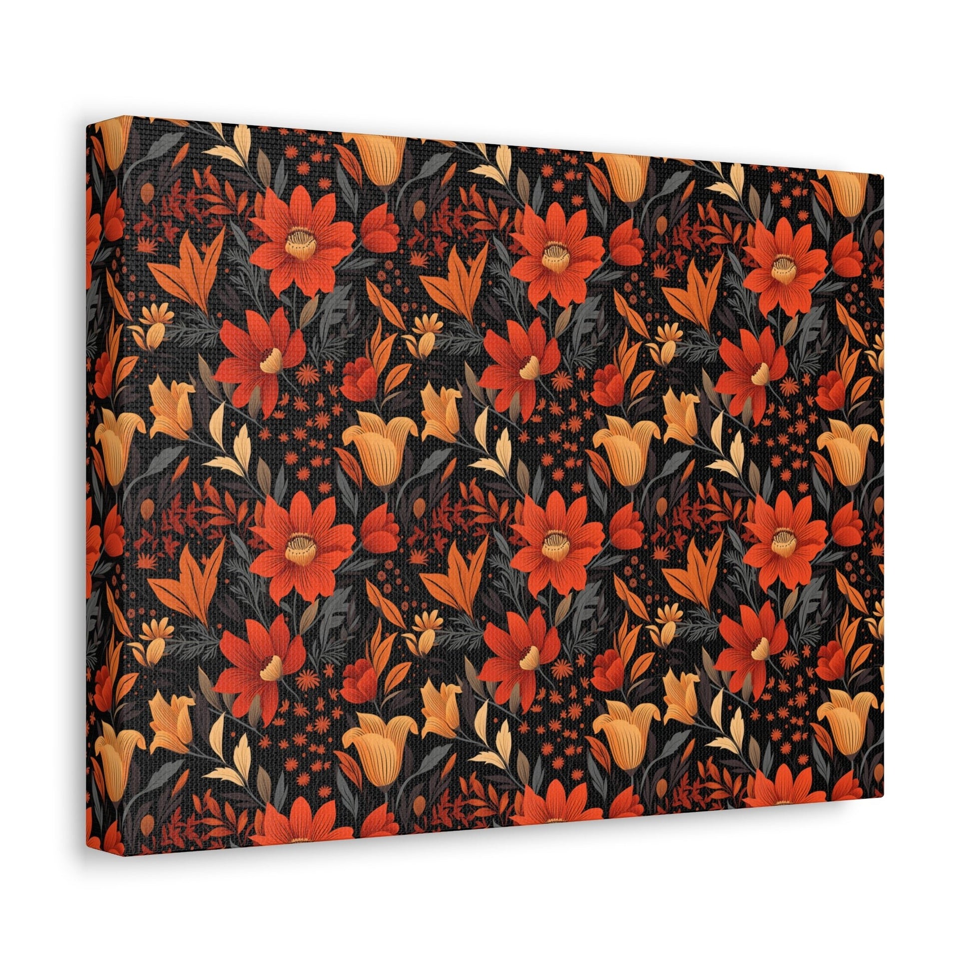 Autumn Blossom Noir: A Dark Floral Canvas - Satin Canvas, Stretched - Pattern Symphony