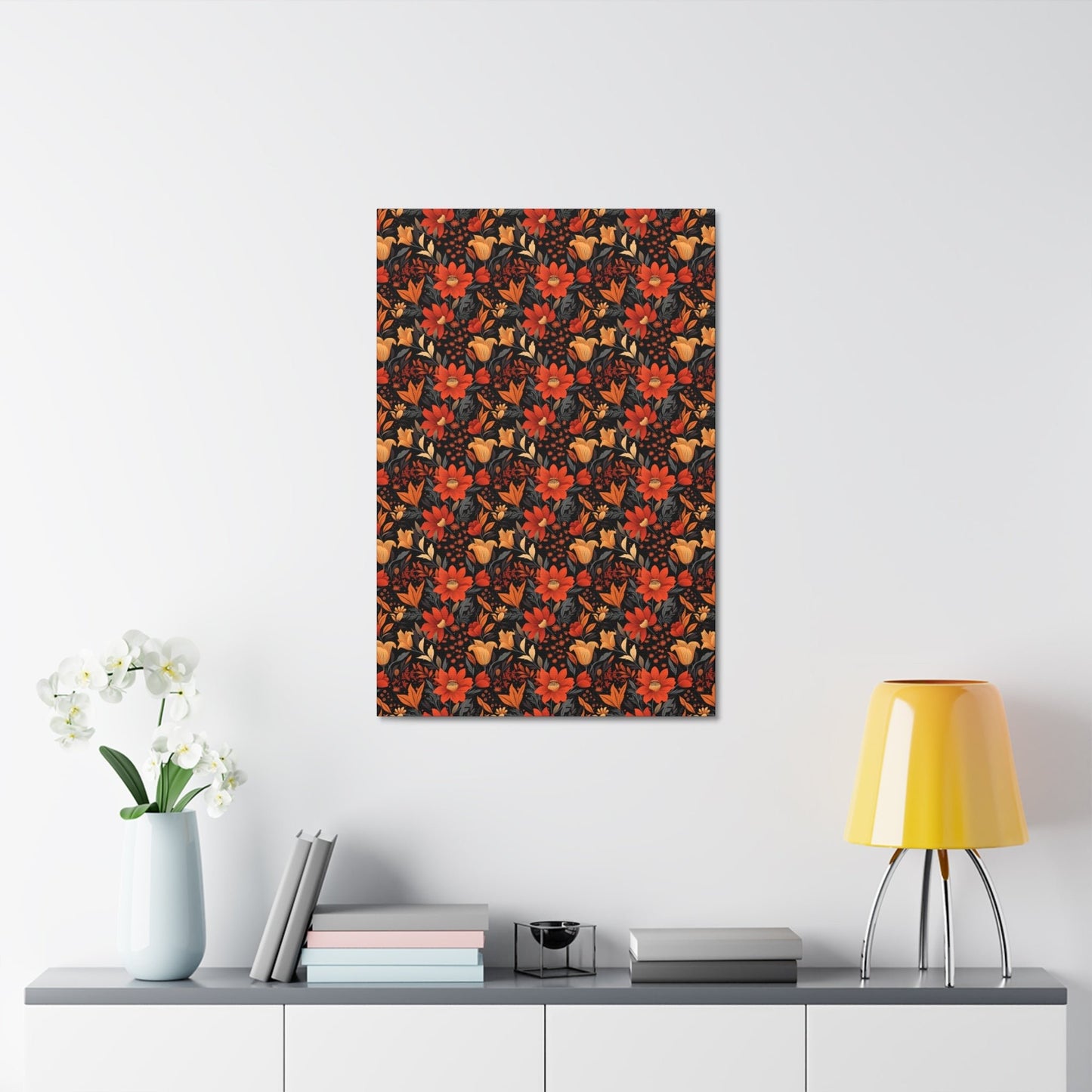 Autumn Blossom Noir: A Dark Floral Canvas - Satin Canvas, Stretched - Pattern Symphony