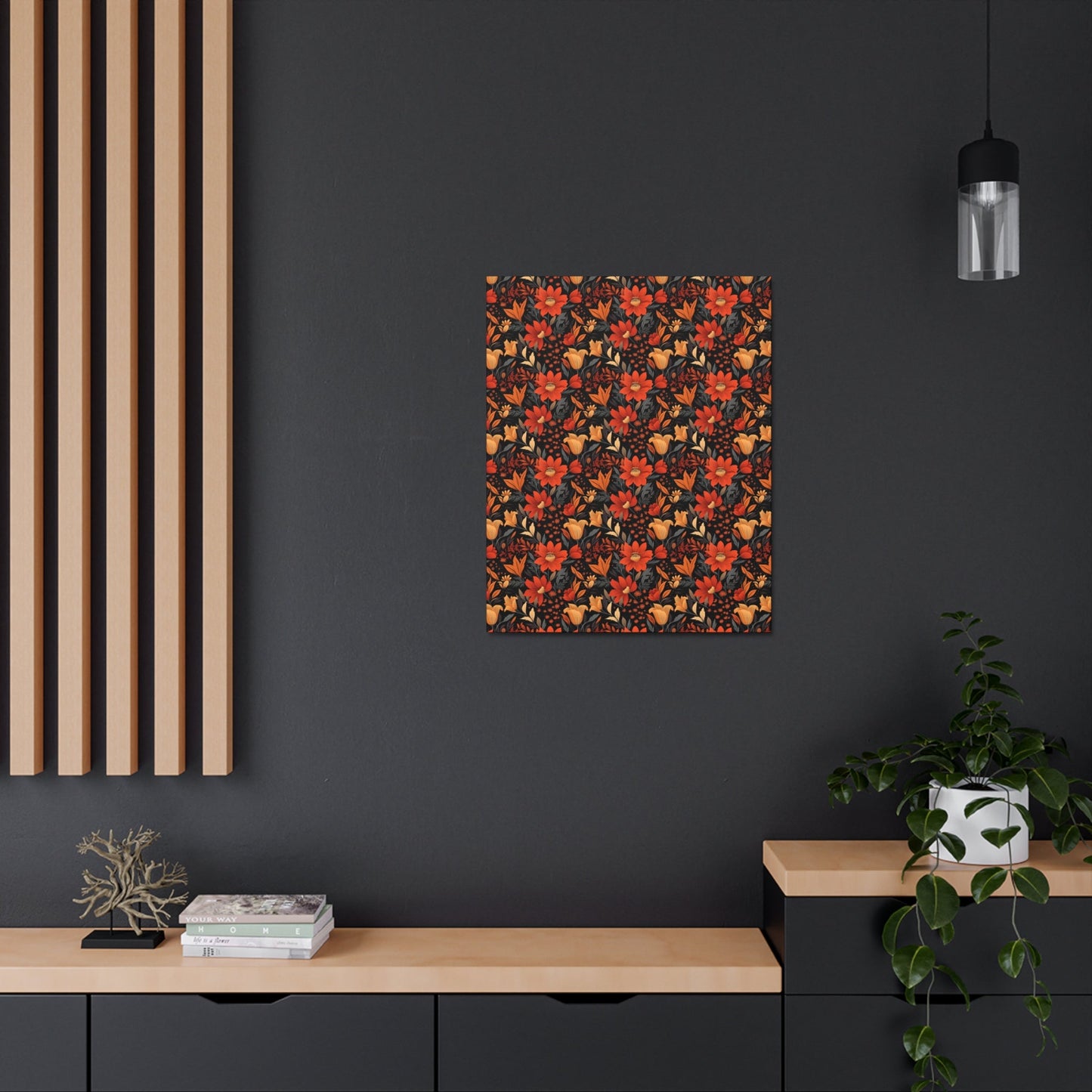 Autumn Blossom Noir: A Dark Floral Canvas - Satin Canvas, Stretched - Pattern Symphony