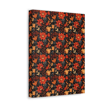 Autumn Blossom Noir: A Dark Floral Canvas - Satin Canvas, Stretched - Pattern Symphony