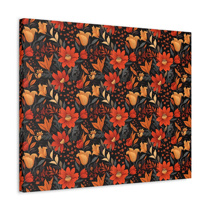 Autumn Blossom Noir: A Dark Floral Canvas - Satin Canvas, Stretched - Pattern Symphony