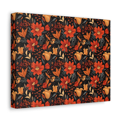 Autumn Blossom Noir: A Dark Floral Canvas - Satin Canvas, Stretched - Pattern Symphony