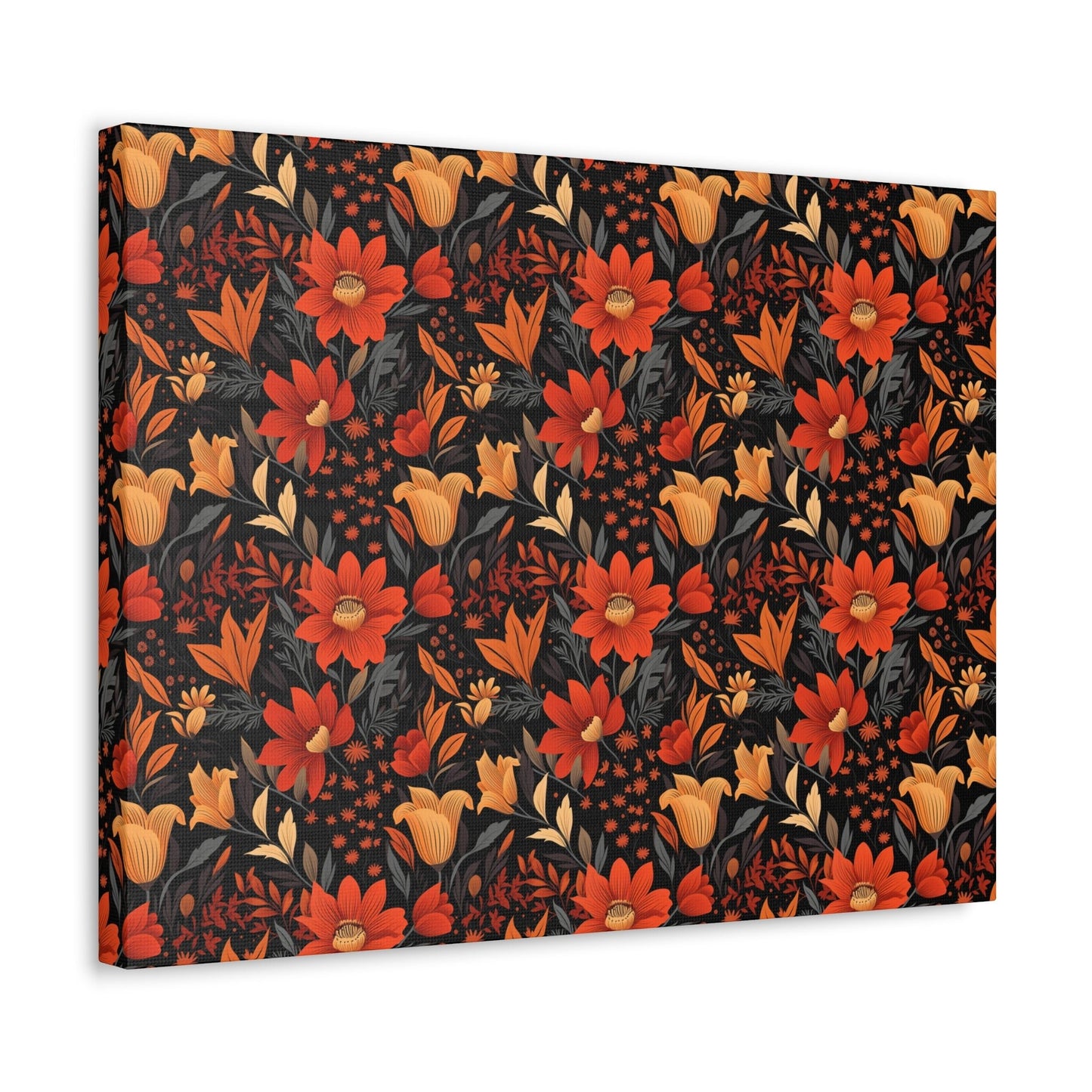 Autumn Blossom Noir: A Dark Floral Canvas - Satin Canvas, Stretched - Pattern Symphony