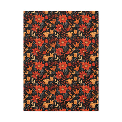 Autumn Blossom Noir: A Dark Floral Canvas - Satin Canvas, Stretched - Pattern Symphony