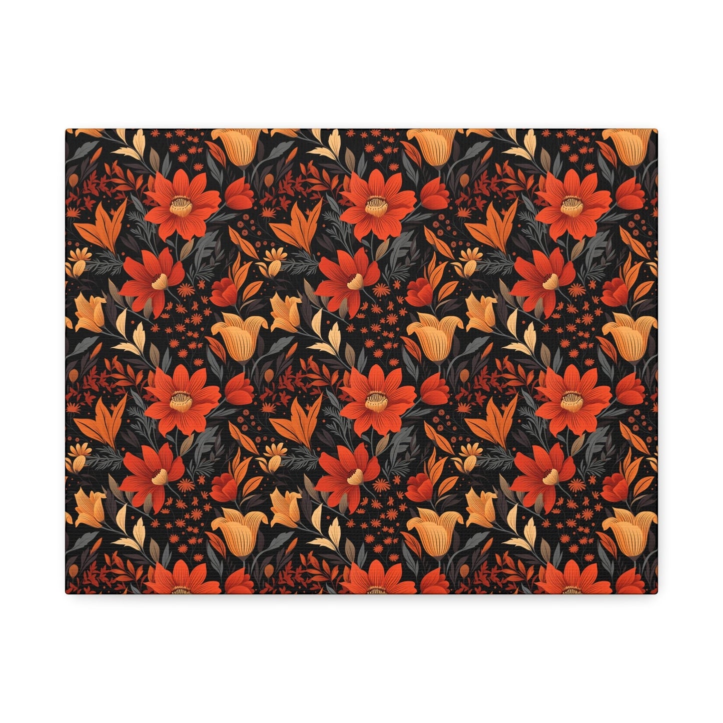 Autumn Blossom Noir: A Dark Floral Canvas - Satin Canvas, Stretched - Pattern Symphony