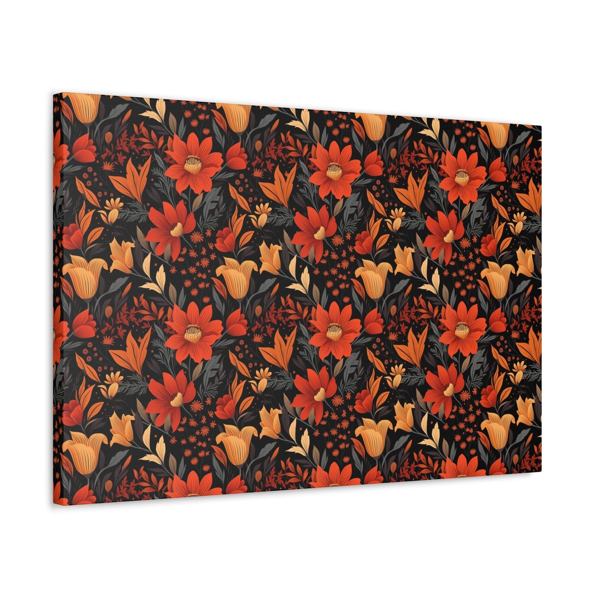 Autumn Blossom Noir: A Dark Floral Canvas - Satin Canvas, Stretched - Pattern Symphony