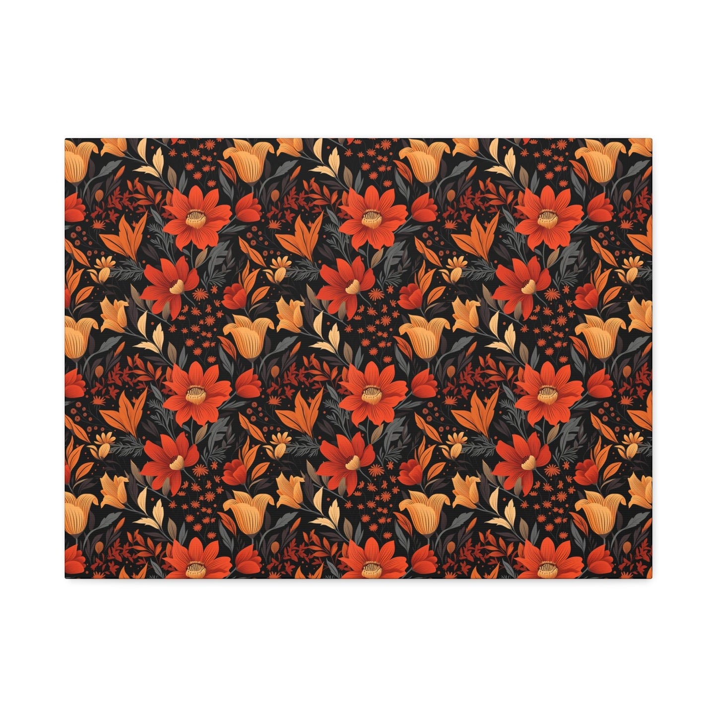 Autumn Blossom Noir: A Dark Floral Canvas - Satin Canvas, Stretched - Pattern Symphony